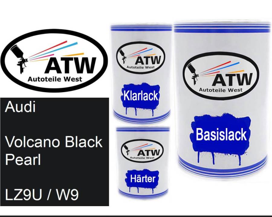 Audi, Volcano Black Pearl, LZ9U / W9: 500ml Lackdose + 500ml Klarlack + 250ml Härter - Set, von ATW Autoteile West.